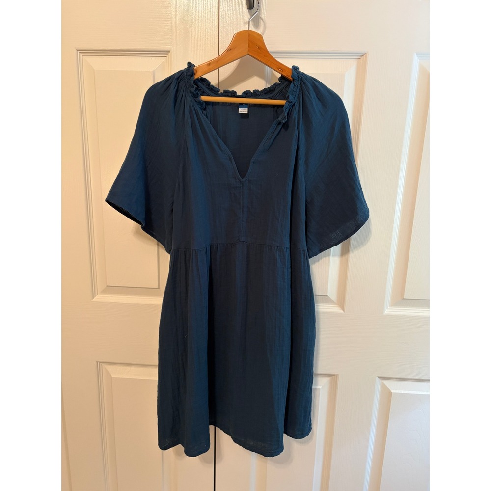Old Navy Womens Blue Cotton Gauze Ruffle Neck Tiered Swing Dress Medium Pockets